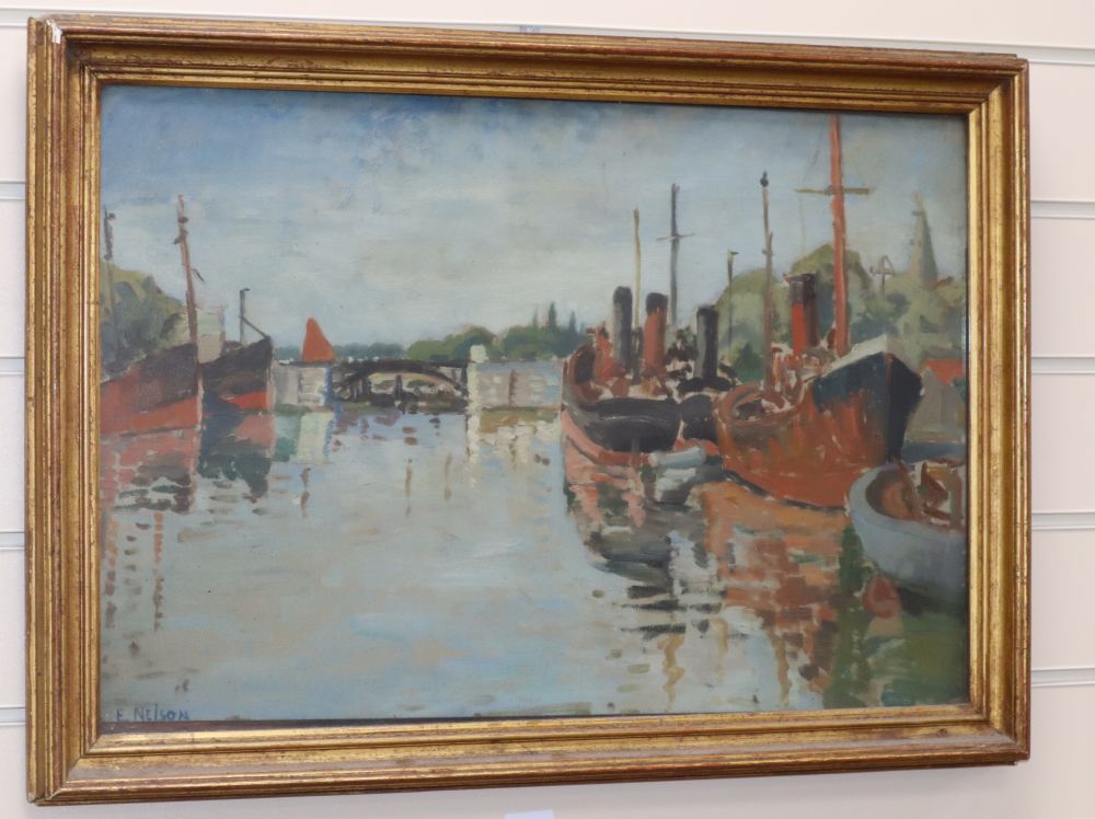 E. Nelson, oil on canvas, Moored shipping in an estuary, signed, 36 x 54cm